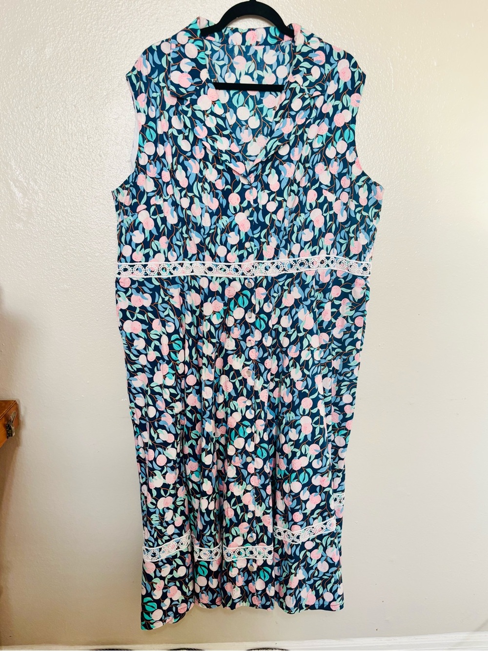 Sleeveless Floral Cotton Maxi Dress with Lace, Cottagecore, plus size